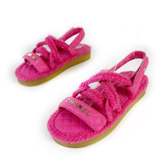 CHANEL Pink Rope CC Dad Sandals Size 37 Open Toe Gladiator Slingback Fuzzy - Picture 3 of 13